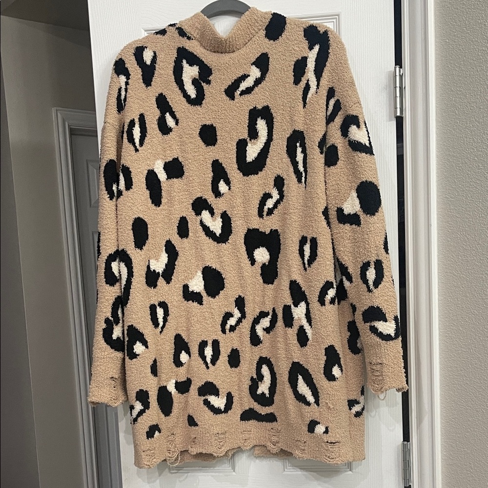 Chic Soul Tan and Black Distressed Animal Print Cardigan - Picture 6 of 6